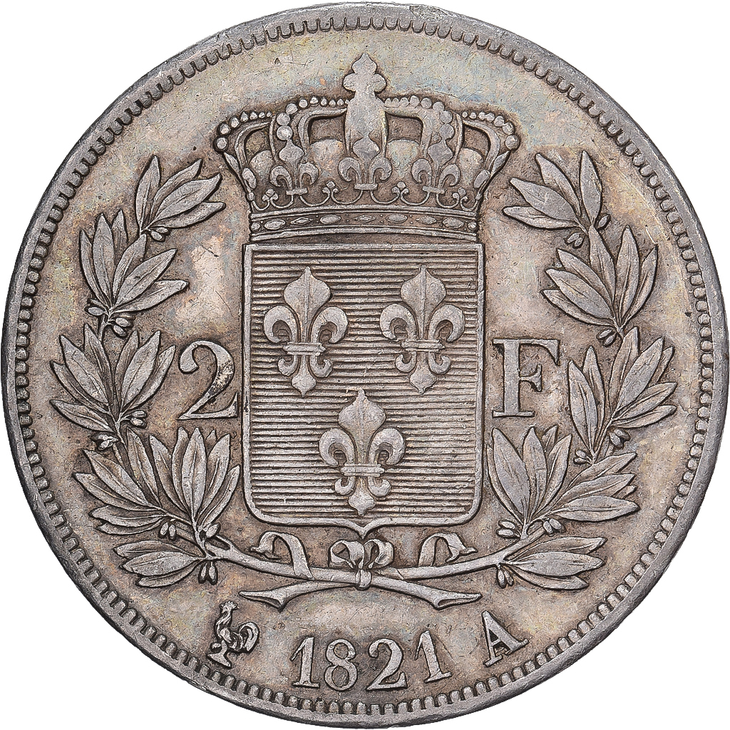 France, Louis XVIII, 2 Francs, 1821, Paris, Silver, AU