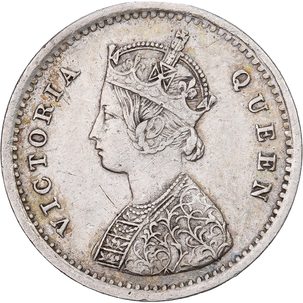 British India, Victoria, 2 Annas, 1874, Bombay, Silver, AU(50-53)