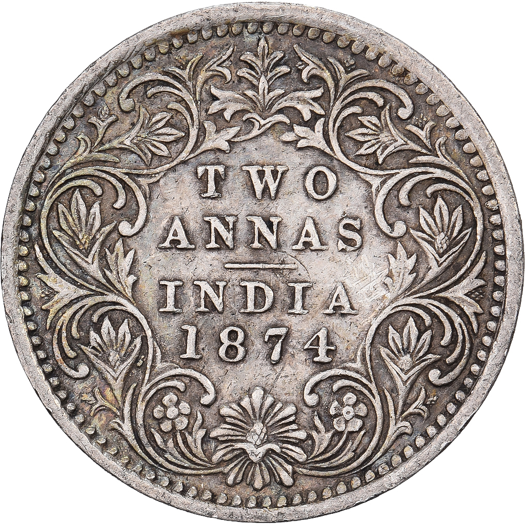 British India, Victoria, 2 Annas, 1874, Bombay, Silver, AU(50-53)