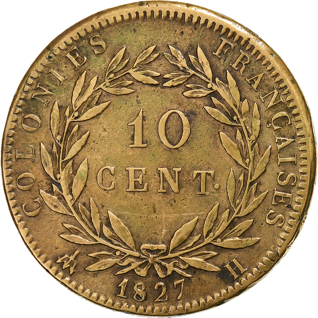 French colonies, Charles X, 10 Centimes, 1827, La Rochelle, Bronze, 