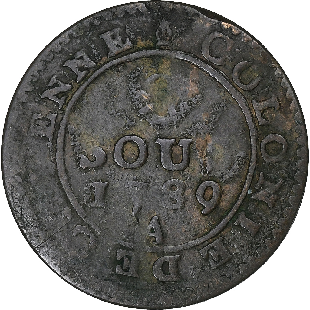 Cayenne colony, Louis XVI, 2 Sous, 1789, Paris, Billon, VF, KM:1