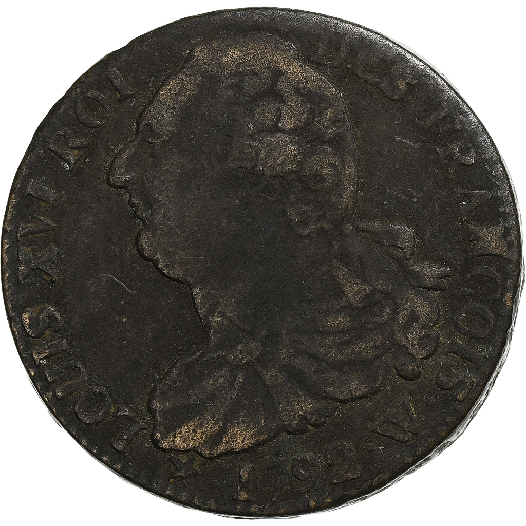 France, Louis XVI, 2 sols François, 1792 / AN 4, Lille, Copper, VF
