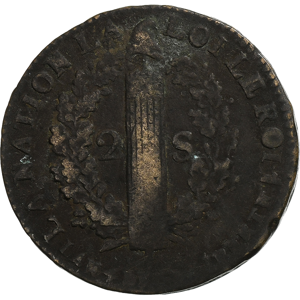 France, Louis XVI, 2 sols François, 1792 / AN 4, Lille, Copper, VF