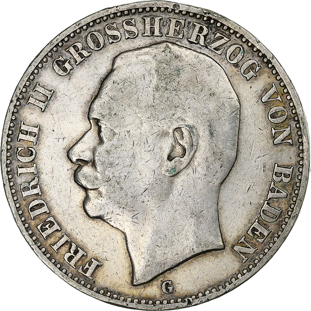 Grand Duchy of Baden, Friedrich II, 3 Mark, 1908, Karlsruhe, Silver, 