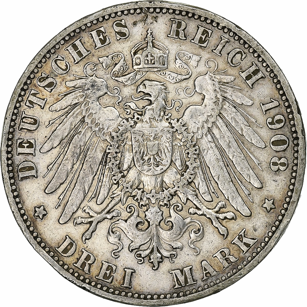 Grand Duchy of Baden, Friedrich II, 3 Mark, 1908, Karlsruhe, Silver, 
