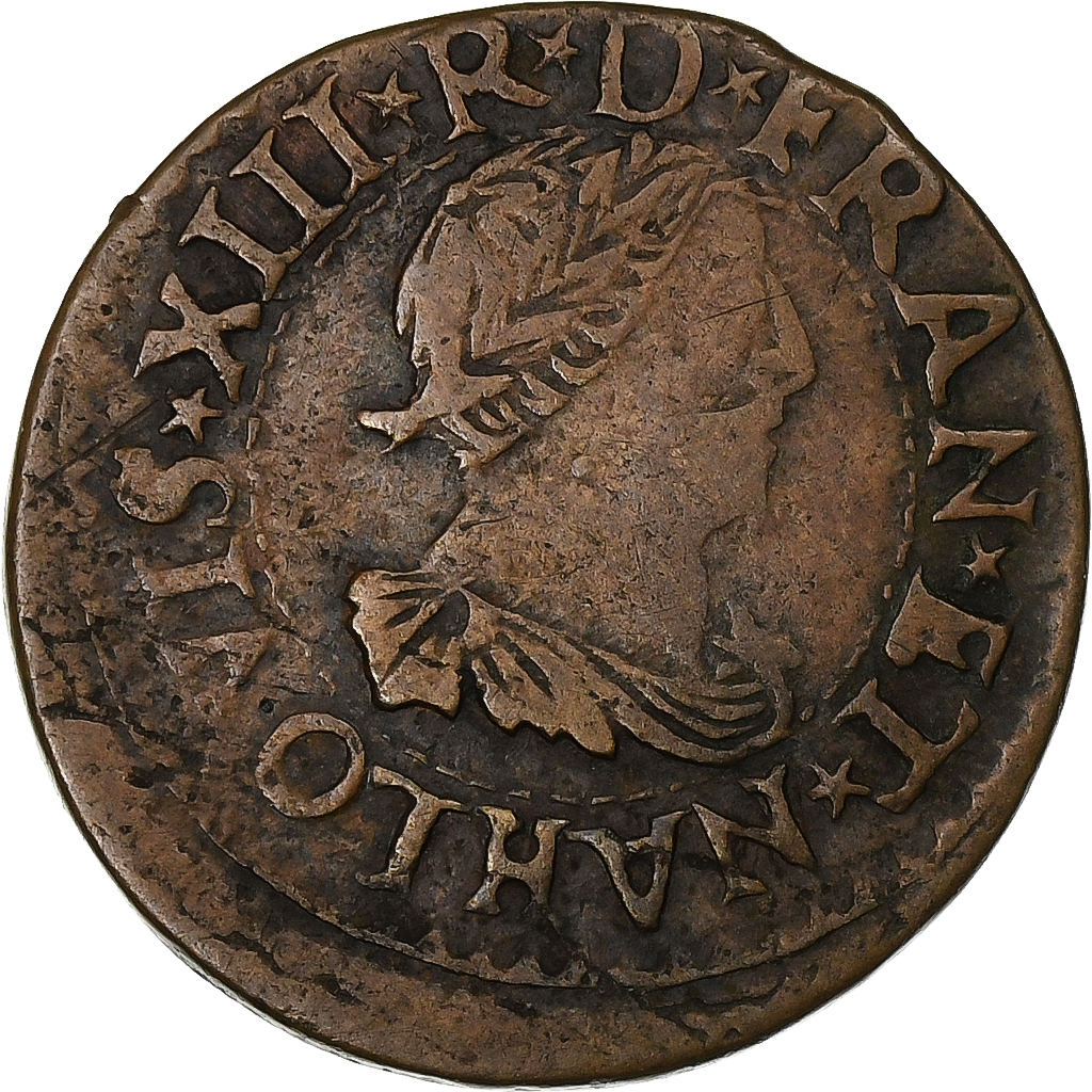 France, Louis XIII, Double Tournois, 1640, La Rochelle, Copper, VF