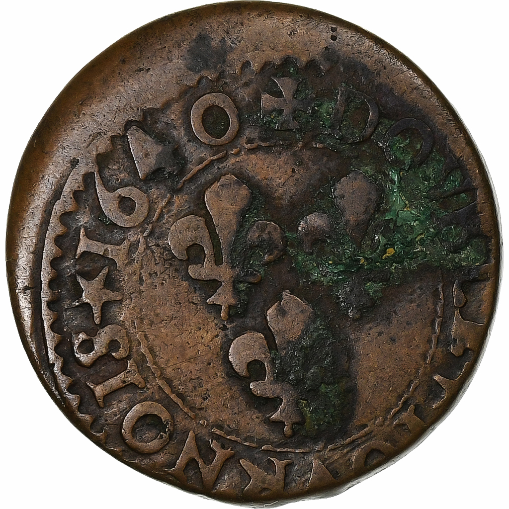 France, Louis XIII, Double Tournois, 1640, La Rochelle, Copper, VF