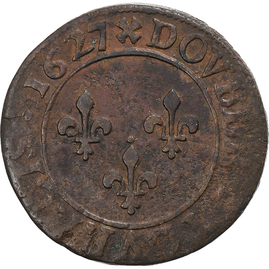 France, Louis XIII, Double Tournois, 1627, Lyon, Copper, , Gadoury:8