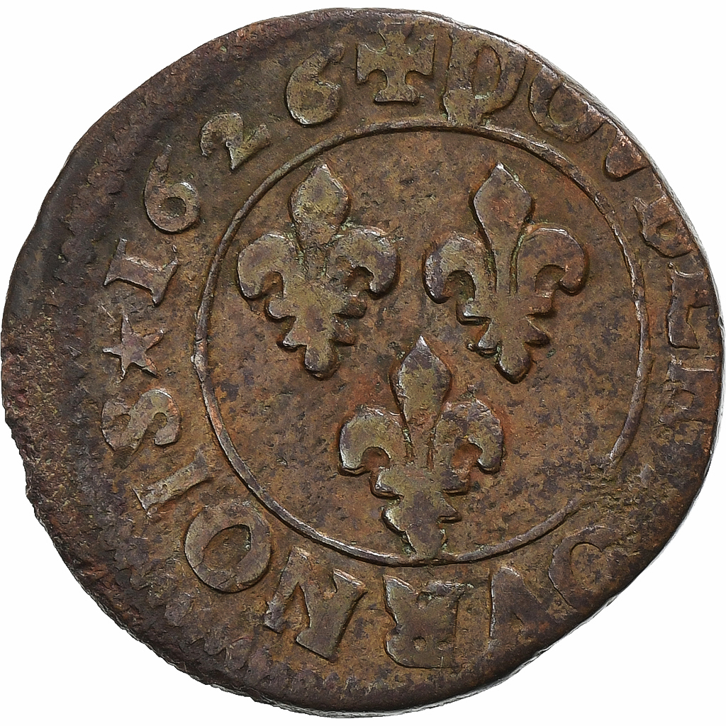 France, Louis XIII, Double Tournois, 1626, Riom, Copper, , Gadoury:9