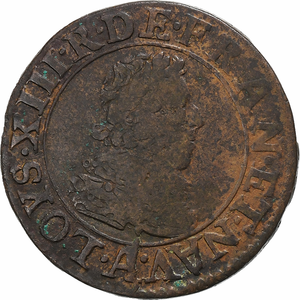 France, Louis XIII, Double Tournois, 1627, Paris, Copper, VF(20-25), Gadoury:9a