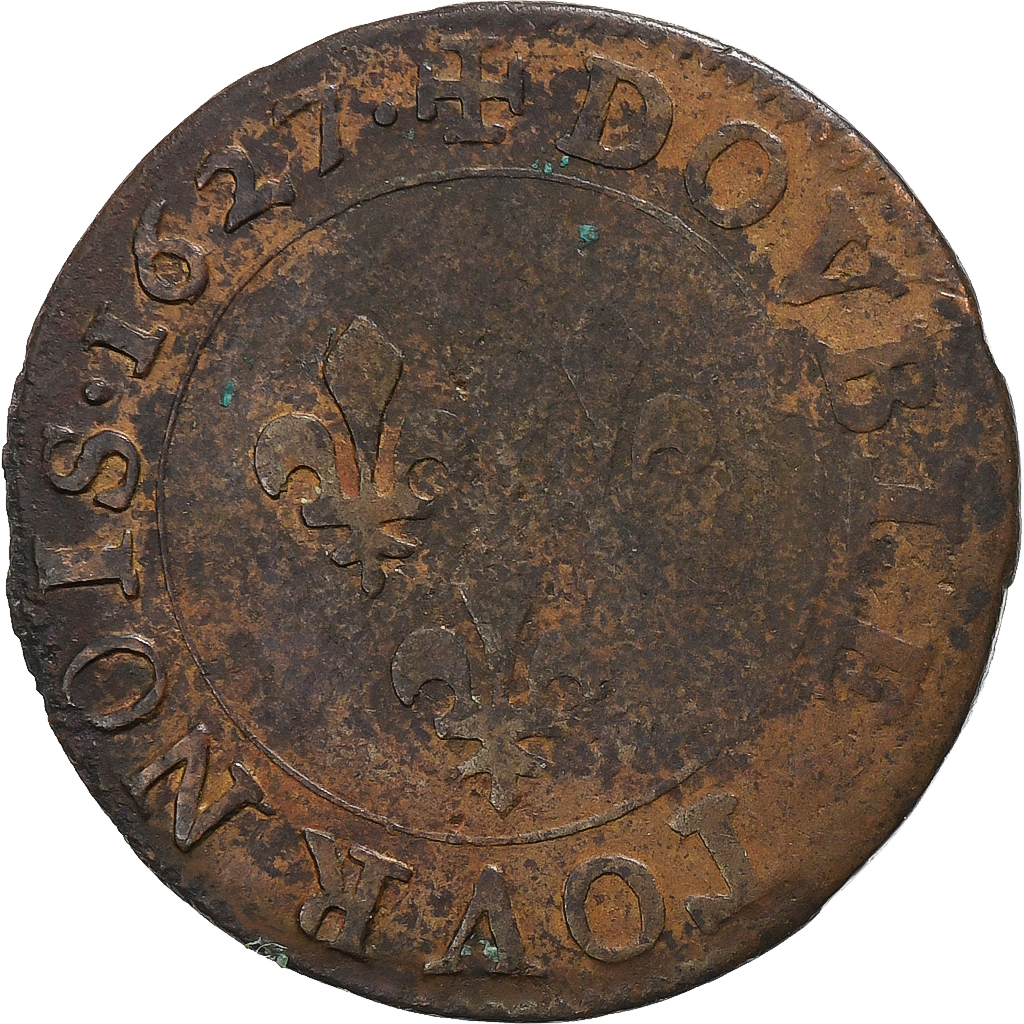 France, Louis XIII, Double Tournois, 1627, Paris, Copper, VF(20-25), Gadoury:9a