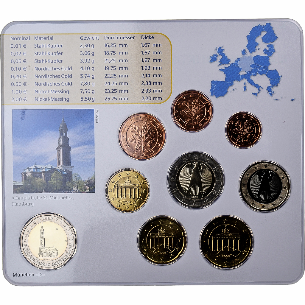 Germany, 1 Cent to 2 Euro, Hambourg, 2008, Munich, MS