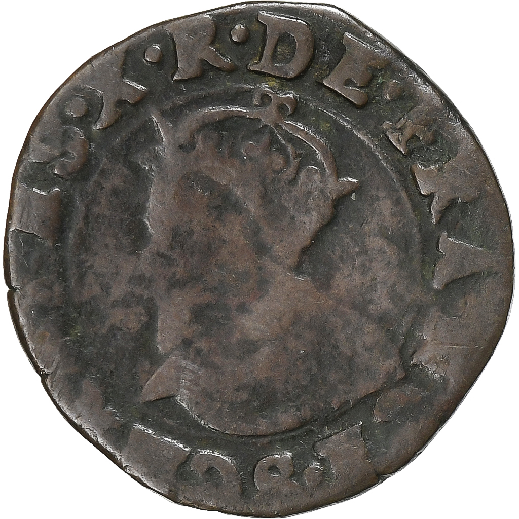 France, Charles X, Double Tournois, 1592, Troyes, Copper, , Gadoury:510