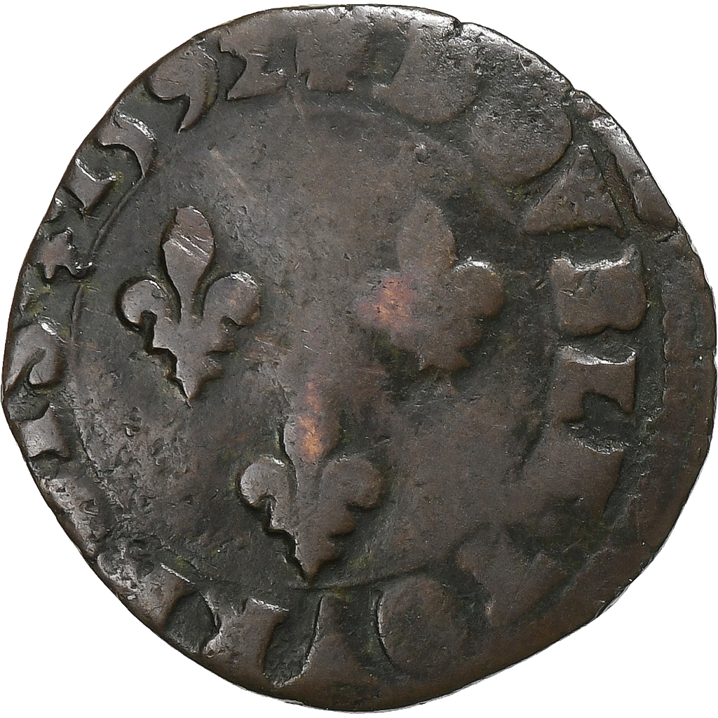 France, Charles X, Double Tournois, 1592, Troyes, Copper, , Gadoury:510
