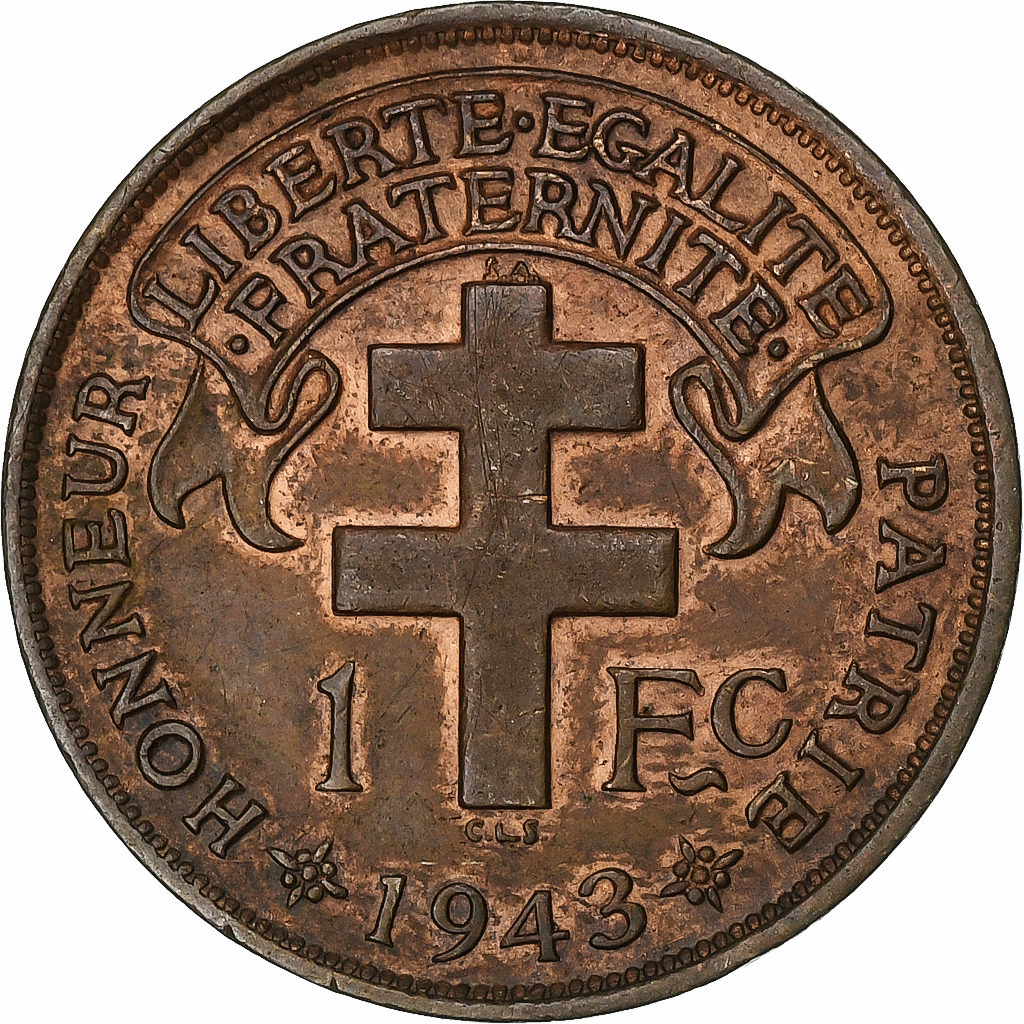 French Equatorial Africa, Franc, 1943, Pretoria, Bronze, , KM:2a