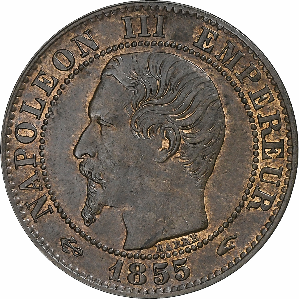 France, Napoleon I, 5 Centimes, 1855, Paris, Anchor, Bronze, AU