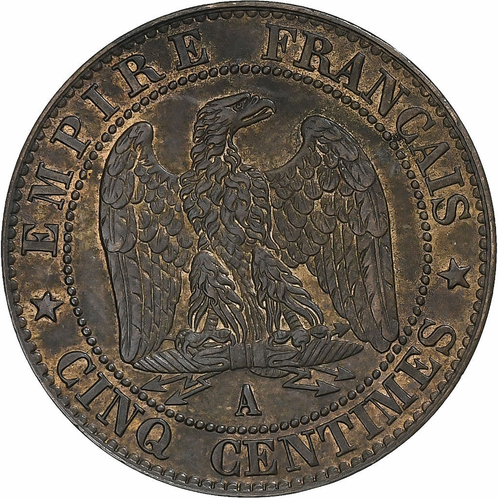 France, Napoleon I, 5 Centimes, 1855, Paris, Anchor, Bronze, AU