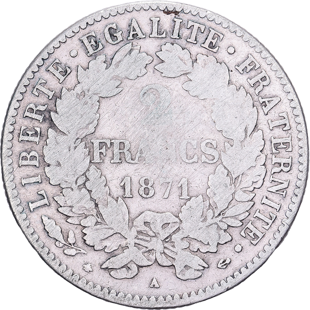 France, 2 Francs, Cérès, 1871, Paris, Small A, Silver, , Gadoury:530