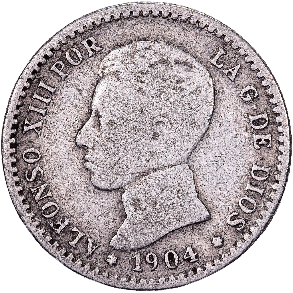 Spagna, Alfonso XIII, 50 Centimos, 1904, Madrid, Argento, MB, KM:723