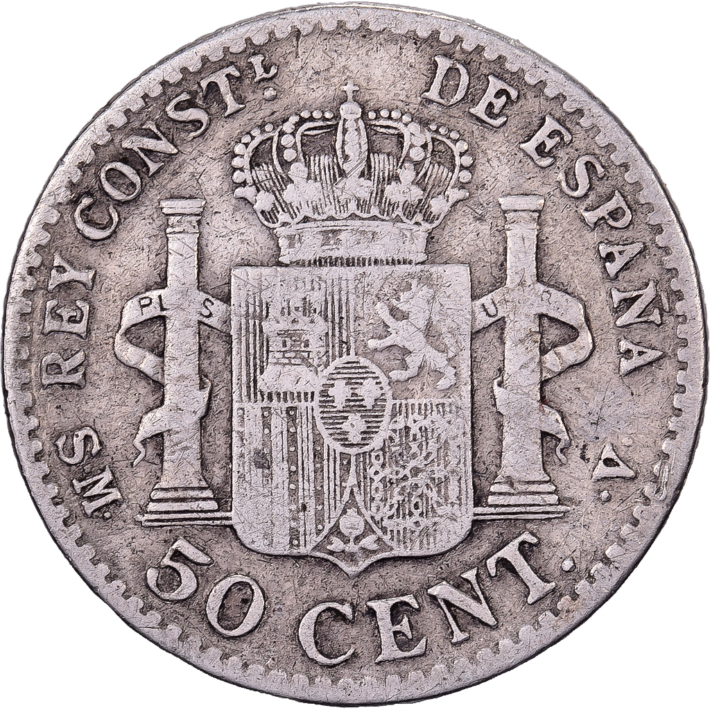 Spagna, Alfonso XIII, 50 Centimos, 1904, Madrid, Argento, MB, KM:723