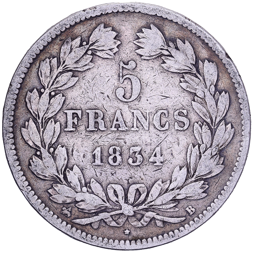 France, Louis Philippe I, 5 Francs, 1834, Rouen, Silver, , Gadoury:678