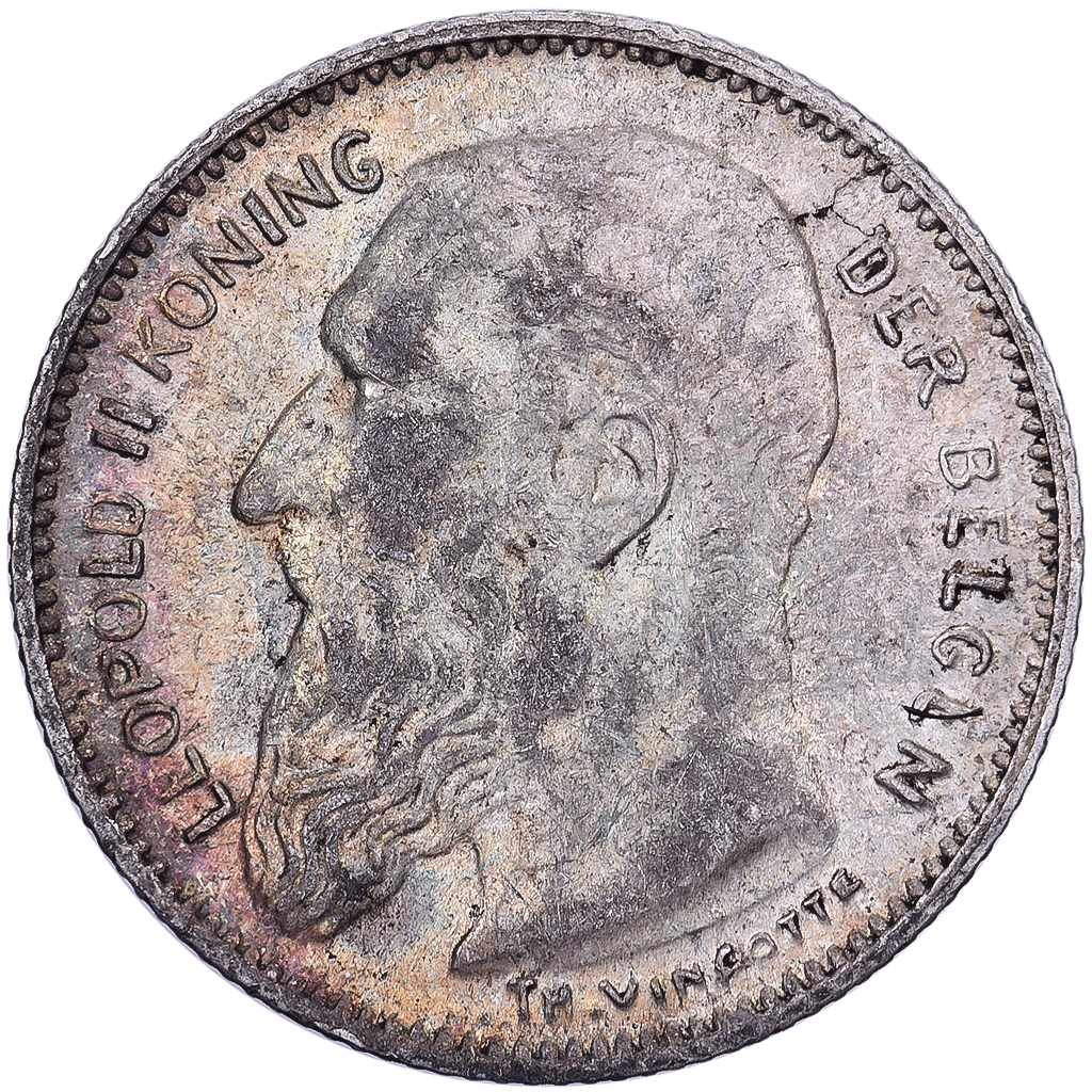 Belgium, Leopold II, 50 Centimes, Vinçotte, 1907, Brussels, Silver, 