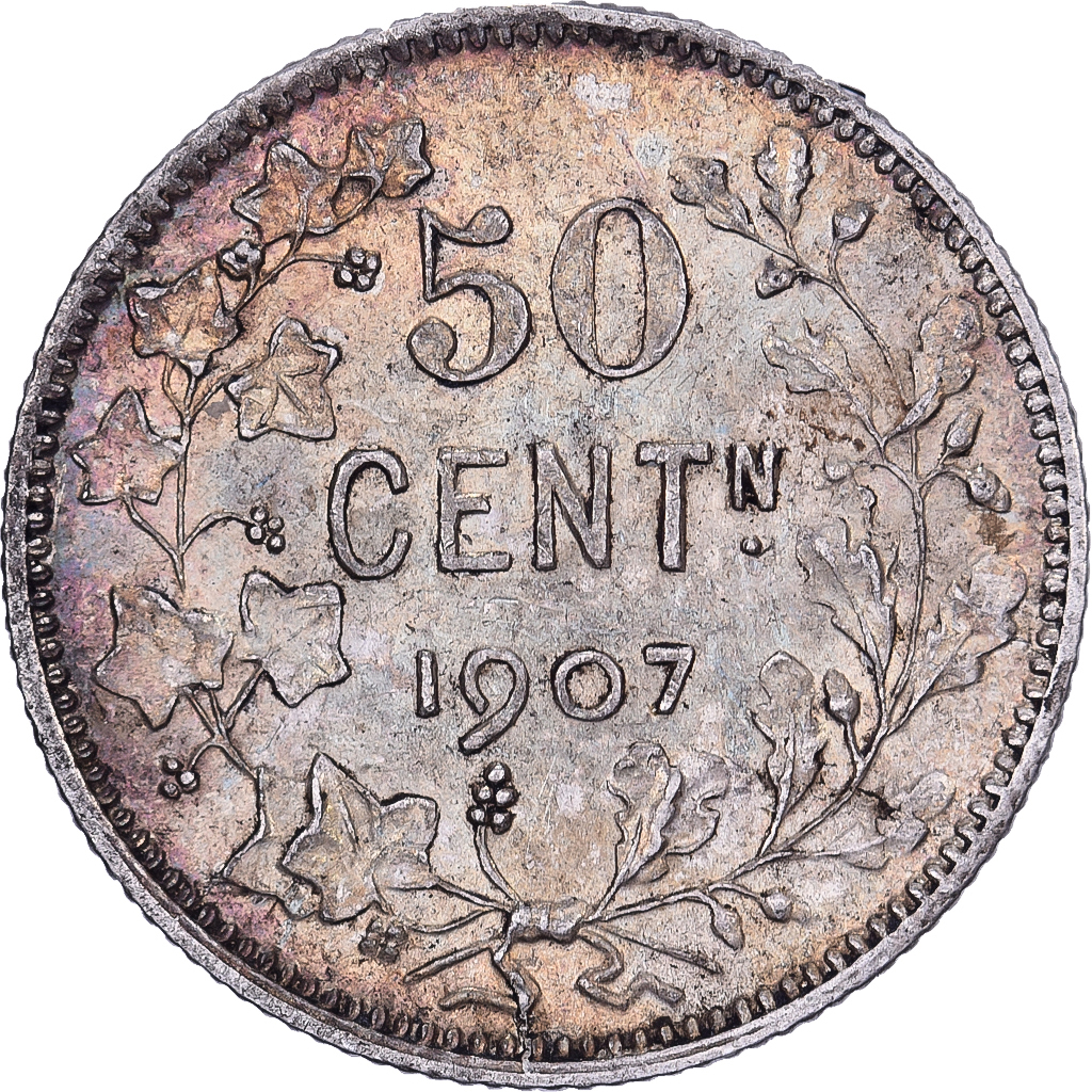 Belgium, Leopold II, 50 Centimes, Vinçotte, 1907, Brussels, Silver, 
