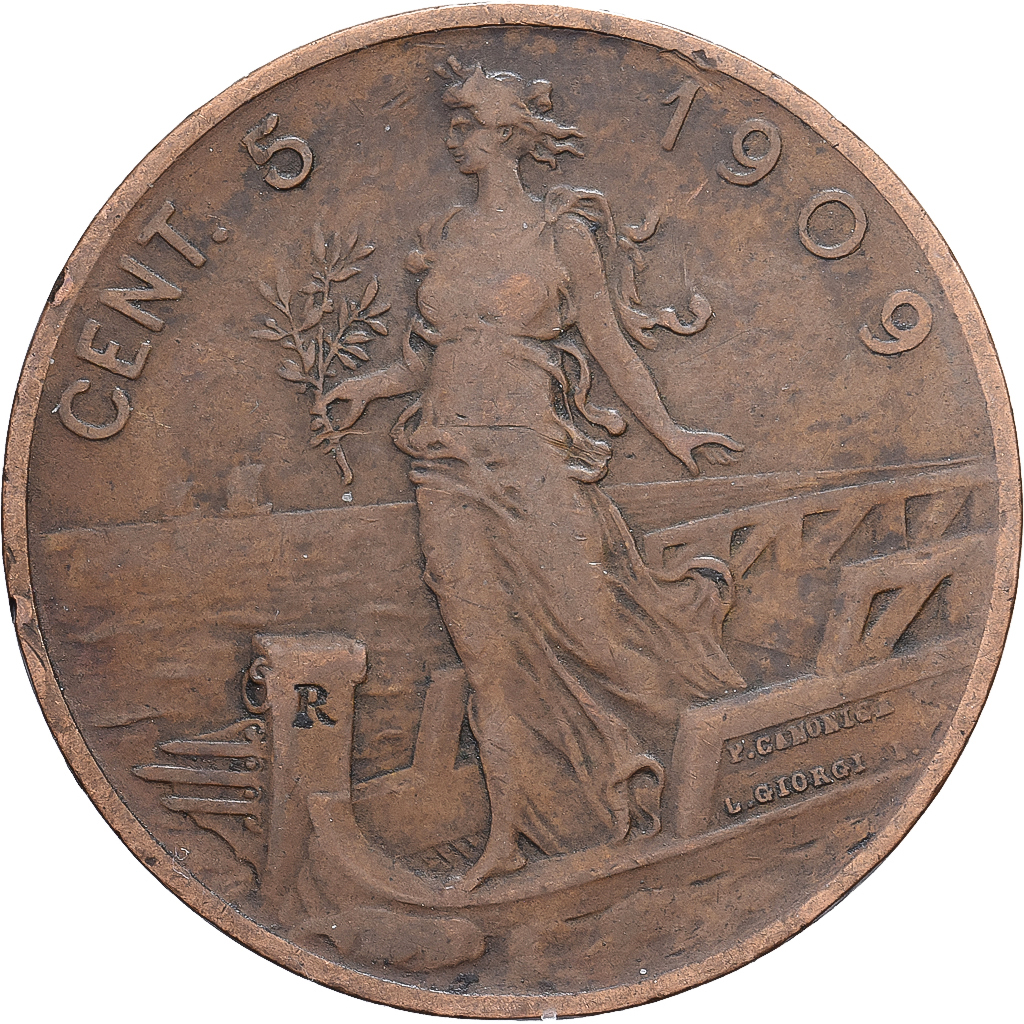 Italy, Vittorio Emanuele III, 5 Centesimi, 1909, Rome, Bronze, EF, KM:42