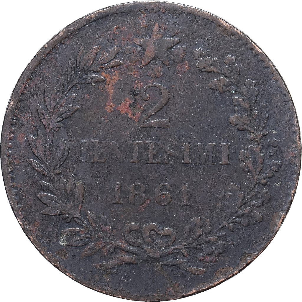 Italy, 2 Centesimi, 1861, Milan, Bronze, VF, KM:2.1