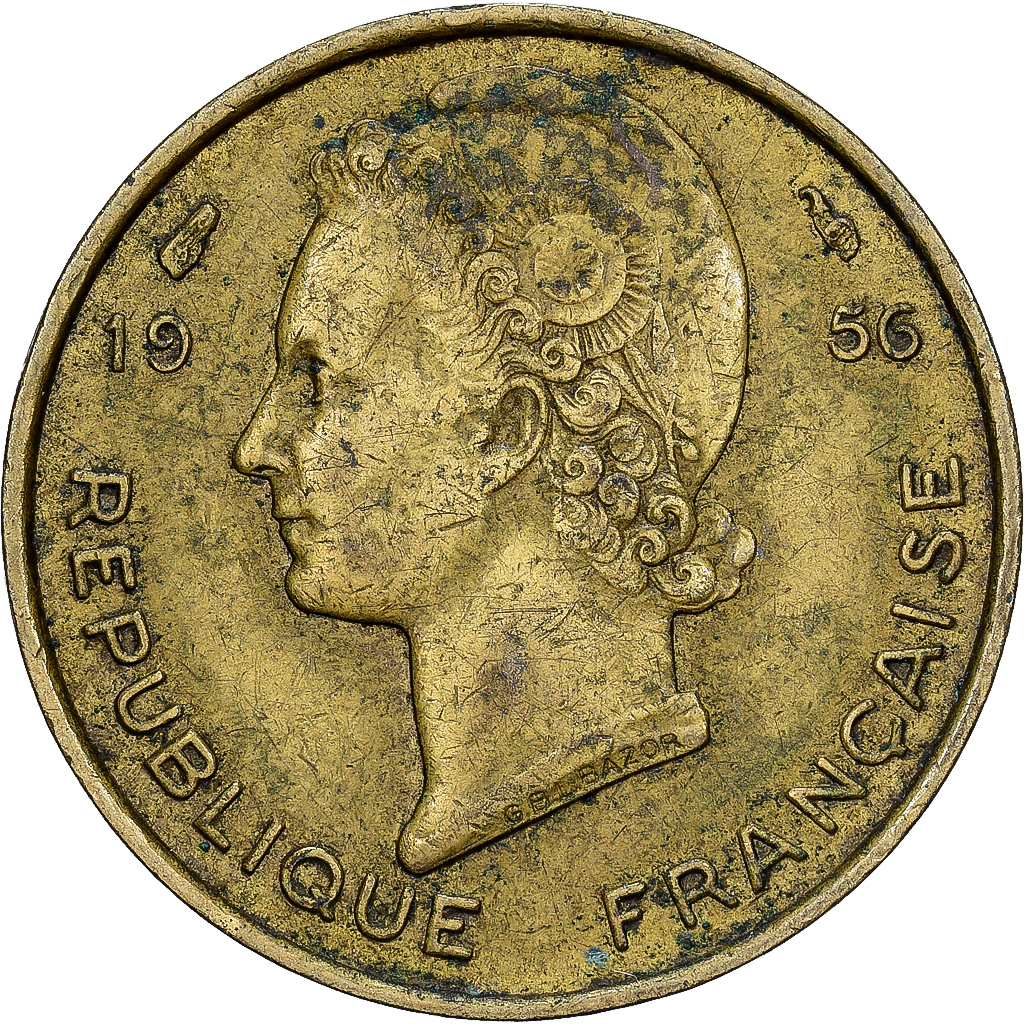 French West Africa, 5 Francs, 1956, Aluminum-Bronze, VF, KM:5
