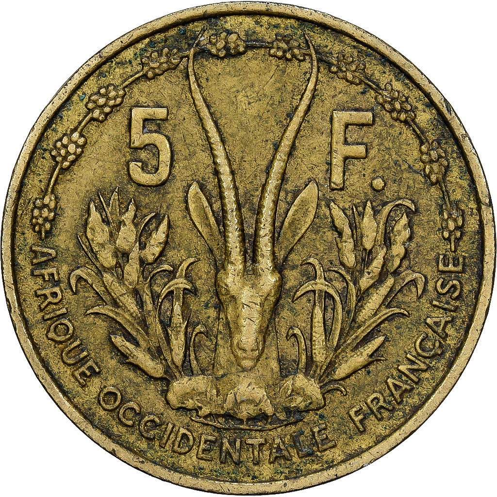 French West Africa, 5 Francs, 1956, Aluminum-Bronze, VF, KM:5