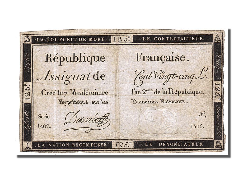 Banknote, France, 125 Livres, 1793, DaurÃ©e, EF(40-45), KM:A74, Lafaurie:169