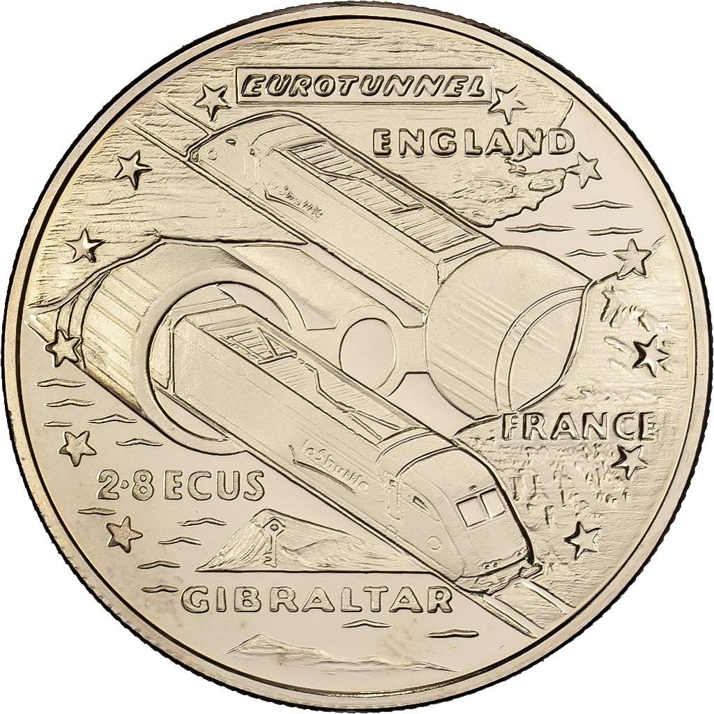 Gibraltar, 2.8 Ecus, Eurotunnel, 1993, Copper-nickel, 