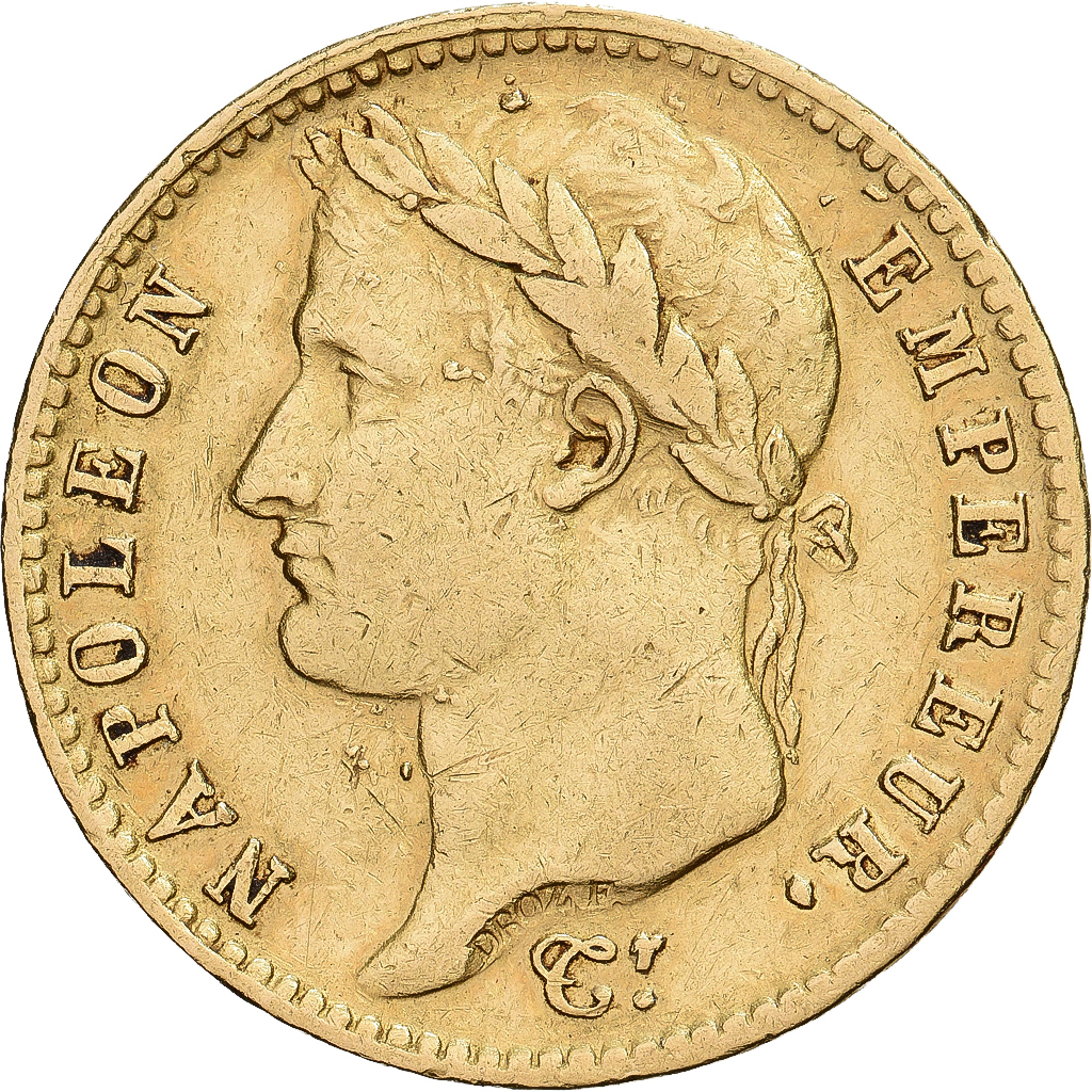 France, Napoleon I, 20 Francs, 1810, Paris, Grand coq, Gold, EF