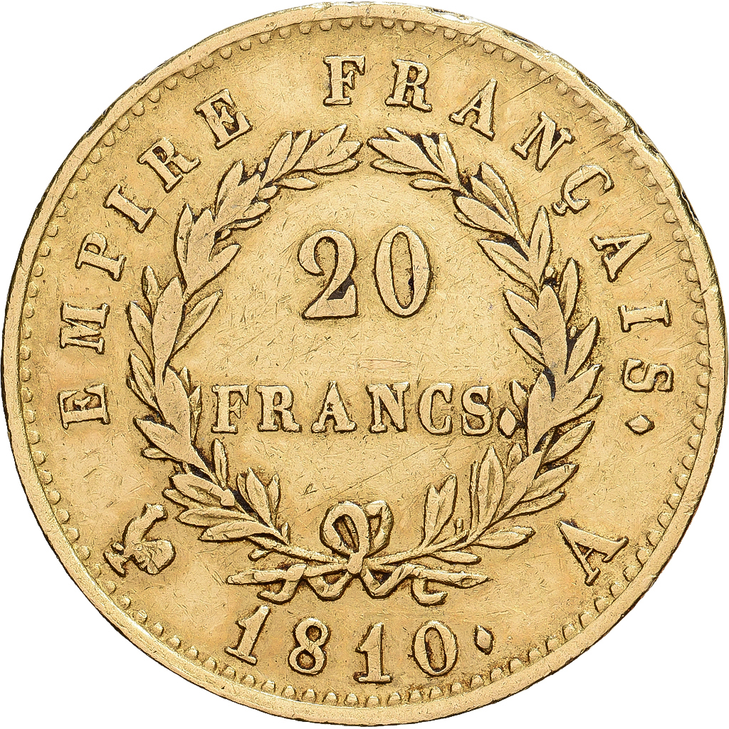 France, Napoleon I, 20 Francs, 1810, Paris, Grand coq, Gold, EF