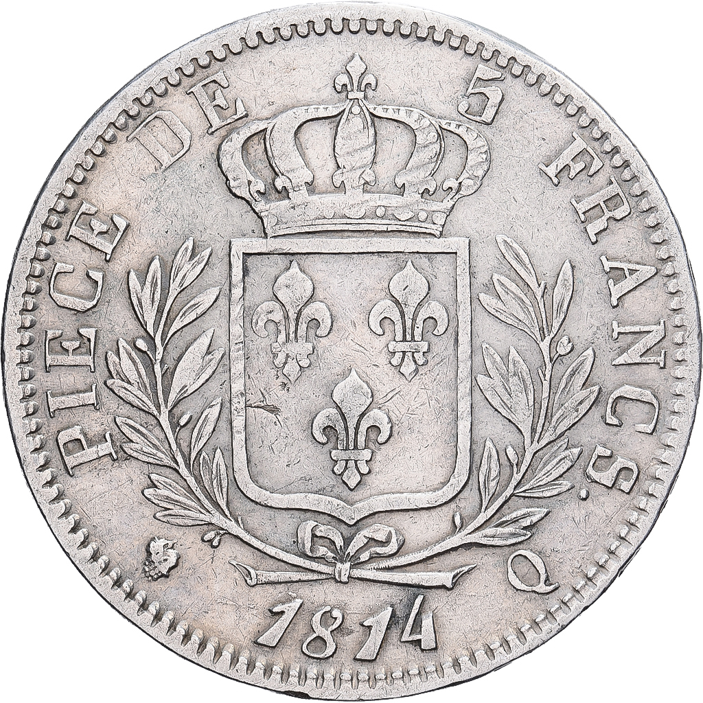 France, Louis XVIII, 5 Francs, 1814, Perpignan, Silver, EF, Gadoury:591