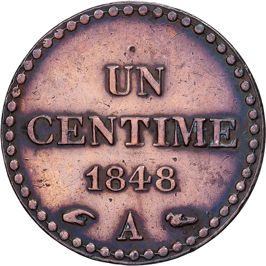 France, Centime, Dupré, 1848, Paris, Bronze, EF, Gadoury:84, KM:754