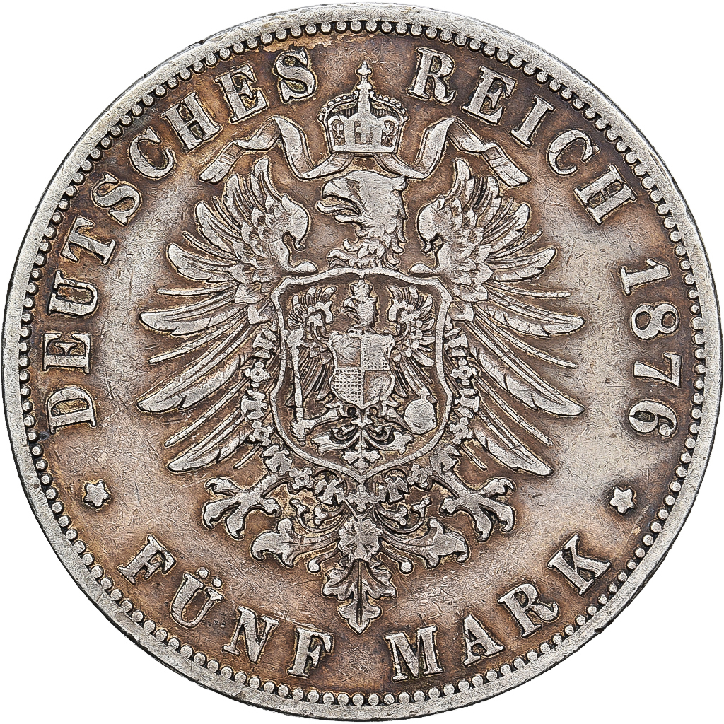 German States, PRUSSIA, Wilhelm I, 5 Mark, 1876, Breslau, Silver, EF