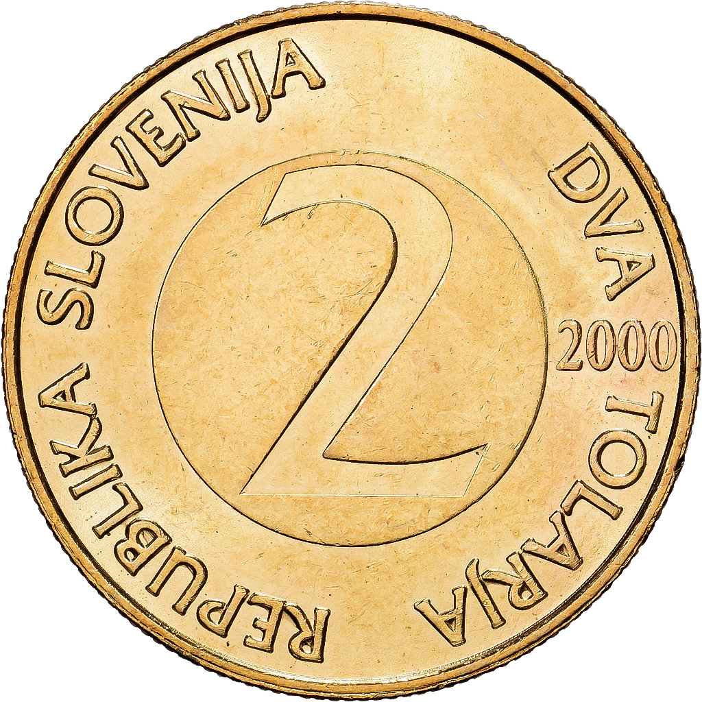 Slovenië, 2 Tolarja, 2000, Kremnica, Nickel-brass, PR+, KM:5