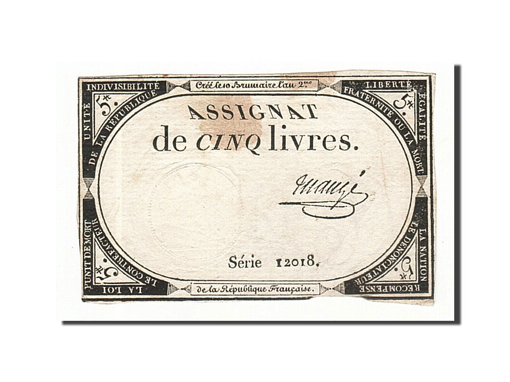 Banknote, France, 5 Livres, 1793, Maugé, 1793-10-31, EF(40-45), KM:A76