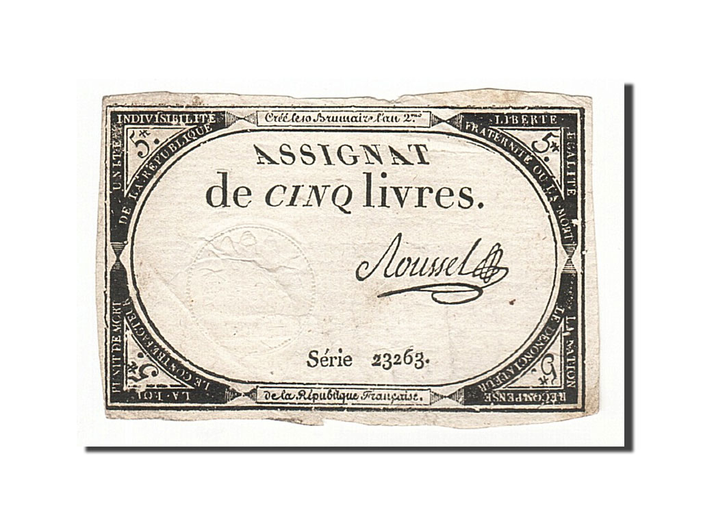 Banknote, France, 5 Livres, 1793, Roussel, 1793-10-31, VF(30-35), KM:A76