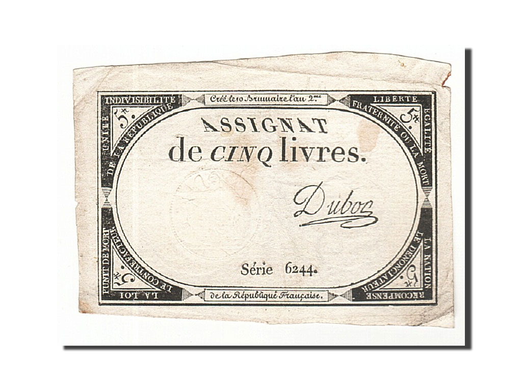 Banknote, France, 5 Livres, 1793, Dubosc, 1793-10-31, EF(40-45), KM:A76