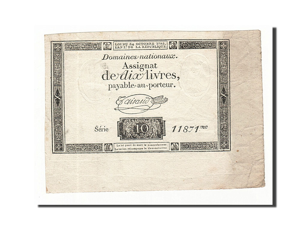 Banknote, France, 10 Livres, 1792, Taisaud, 1792-10-24, EF(40-45), KM:A66b