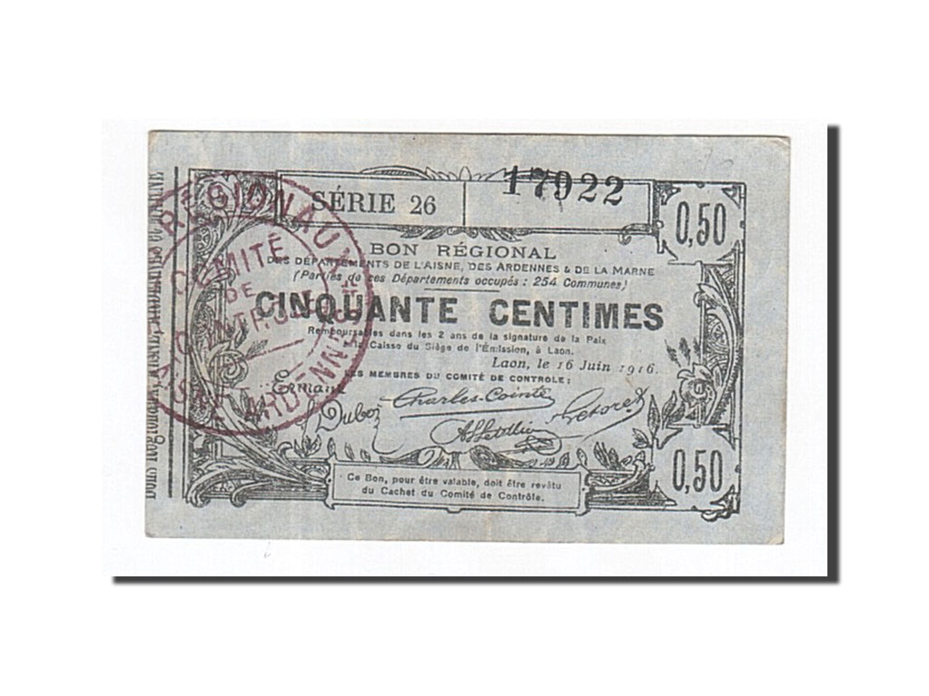 Banknote, Pirot:02-1308, 50 Centimes, 1916, France, AU(50-53), Laon