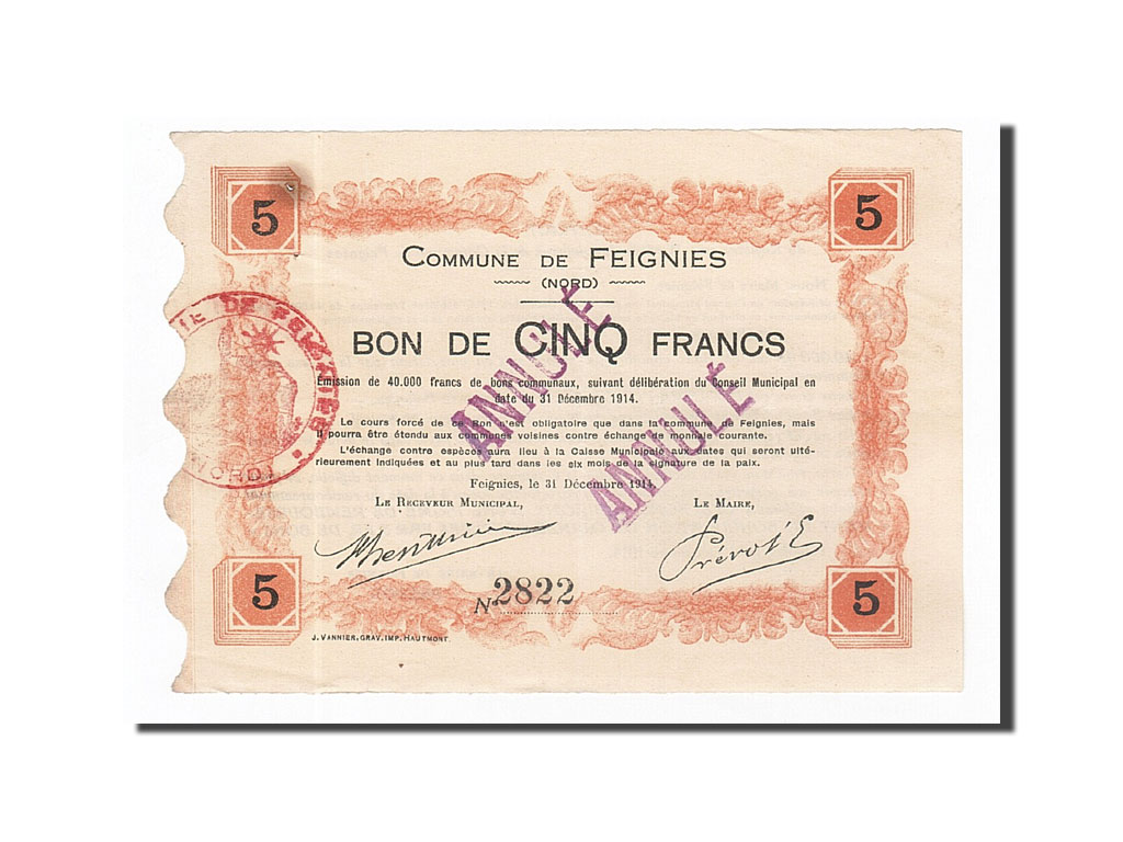 Banknote, Pirot:59-927, 5 Francs, 1914, France, AU, Feignies