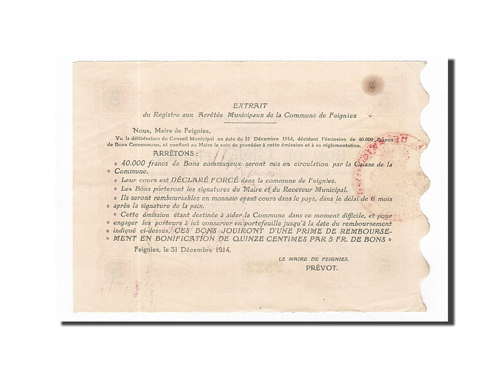 Banknote, Pirot:59-927, 5 Francs, 1914, France, AU, Feignies