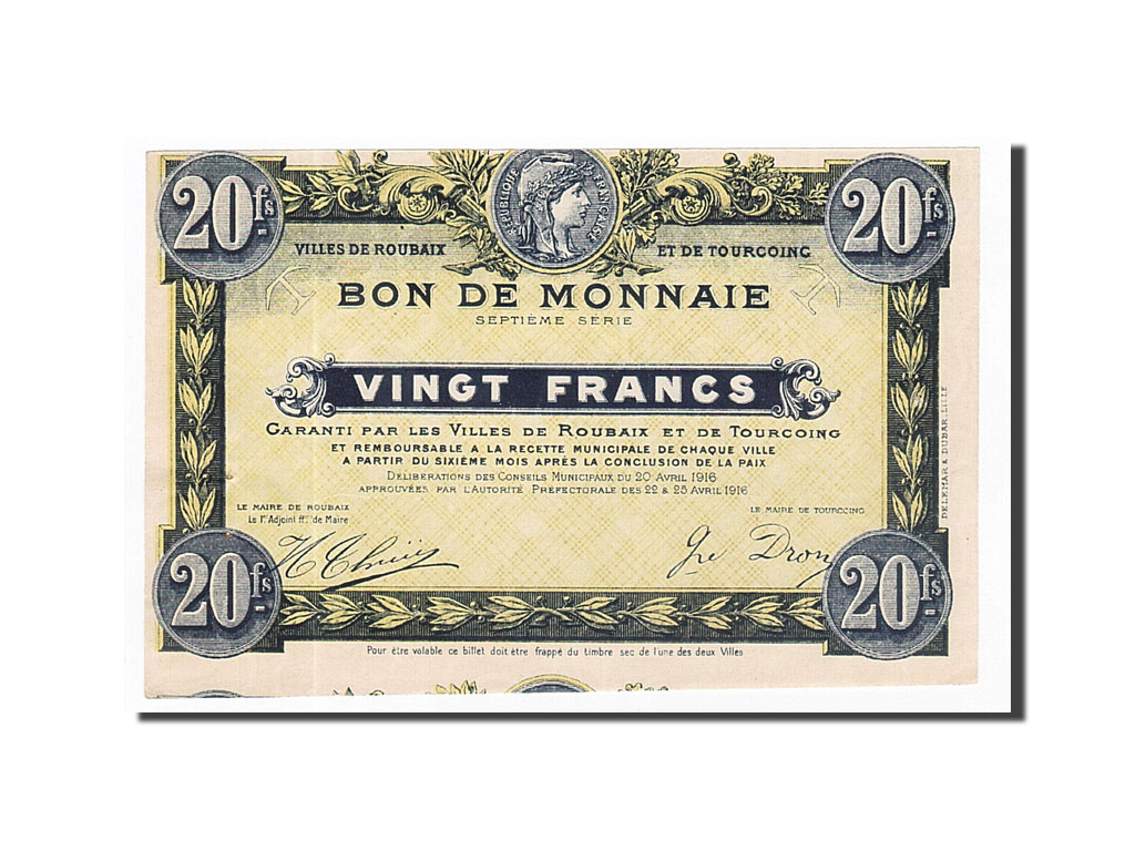 Banknote, Pirot:59-2094, 20 Francs, 1916, France, UNC(63), Roubaix et Tourcoing