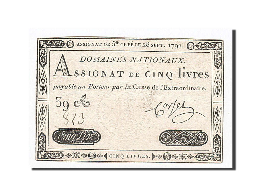 Banknote, France, 5 Livres, 1791, Corset, 1791-09-28, AU(55-58), KM:A49