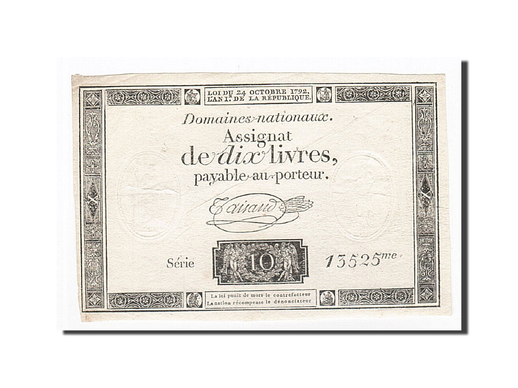 Banknote, France, 10 Livres, 1792, Taisaud, 1792-10-24, EF(40-45), KM:A66a
