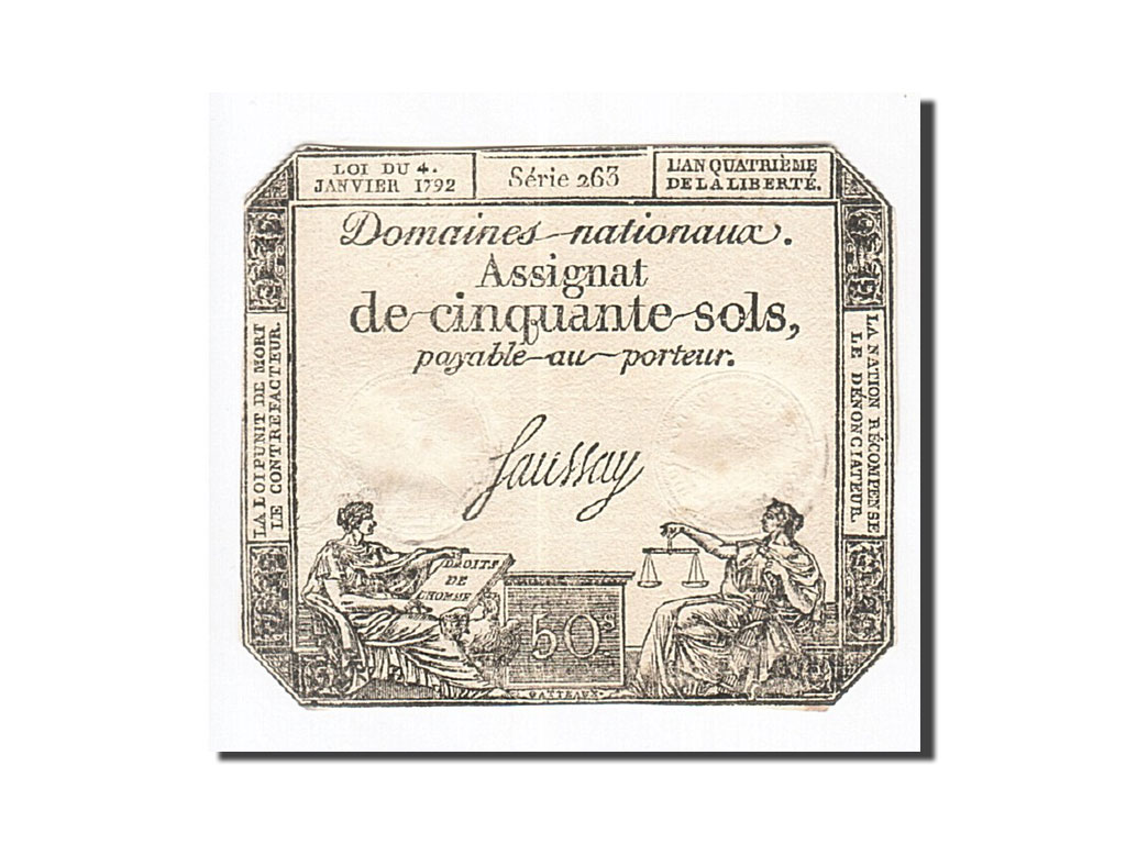 Banknote, France, 50 Sols, 1792, Saussay, 1792-01-04, AU(55-58), KM:A56